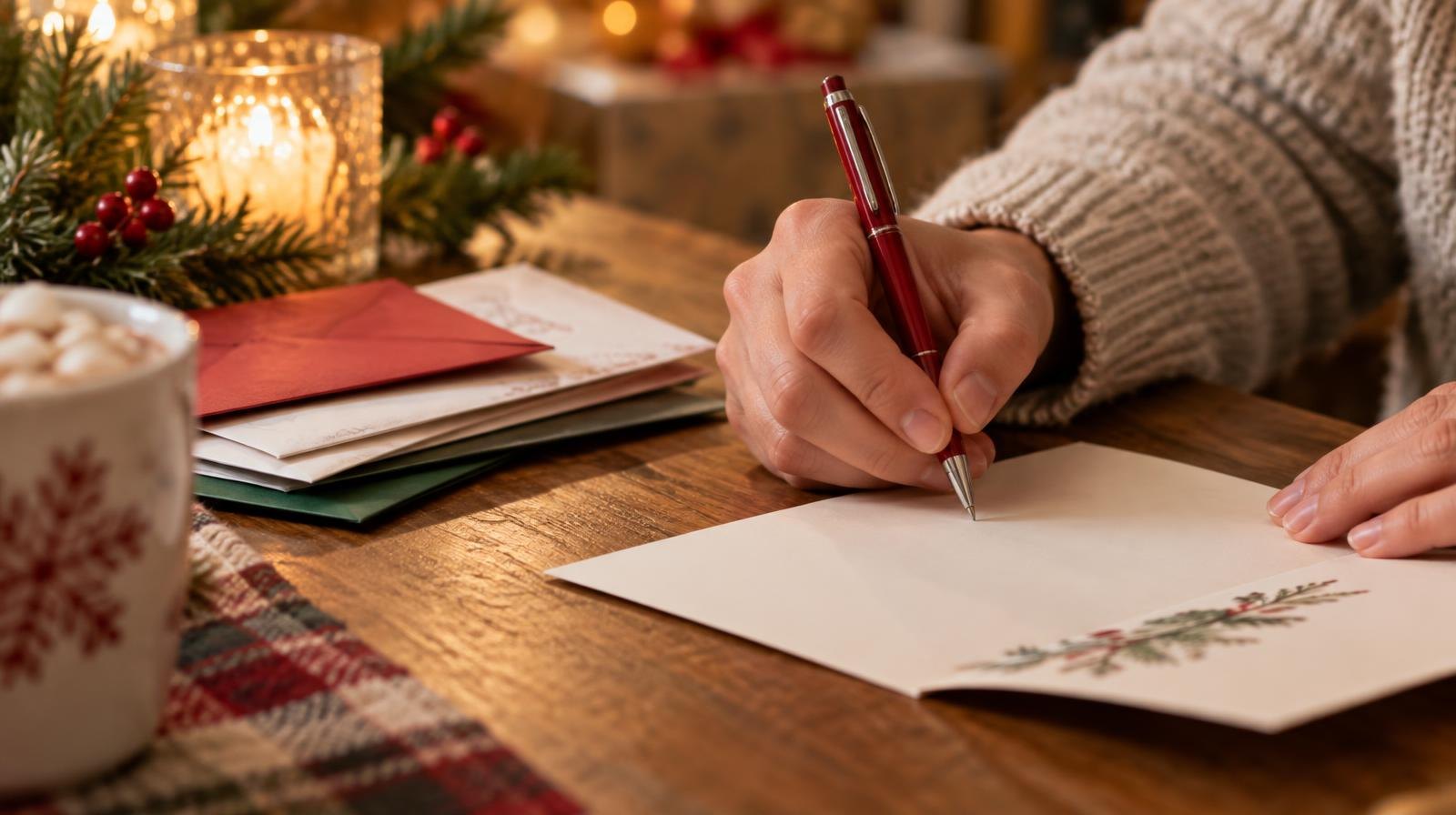 A hand writing a holiday card beside envelopes and a red pen.