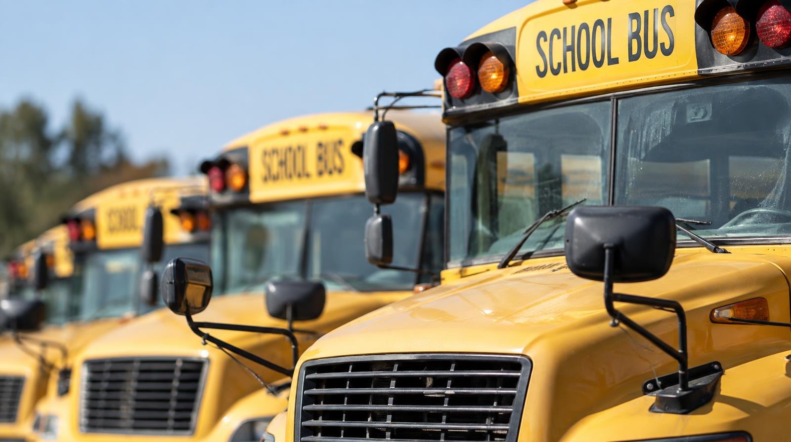 A row of yellow school buses parked side by side outdoors under a clear sky.