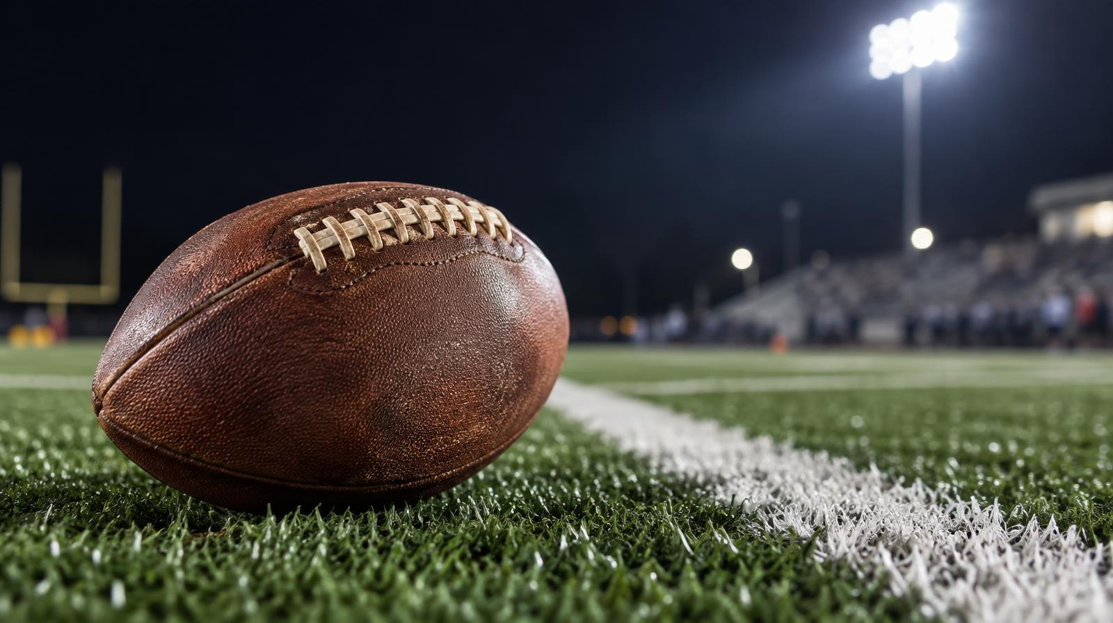 An American football on green artificial turf beside a white yard line under stadium lights.