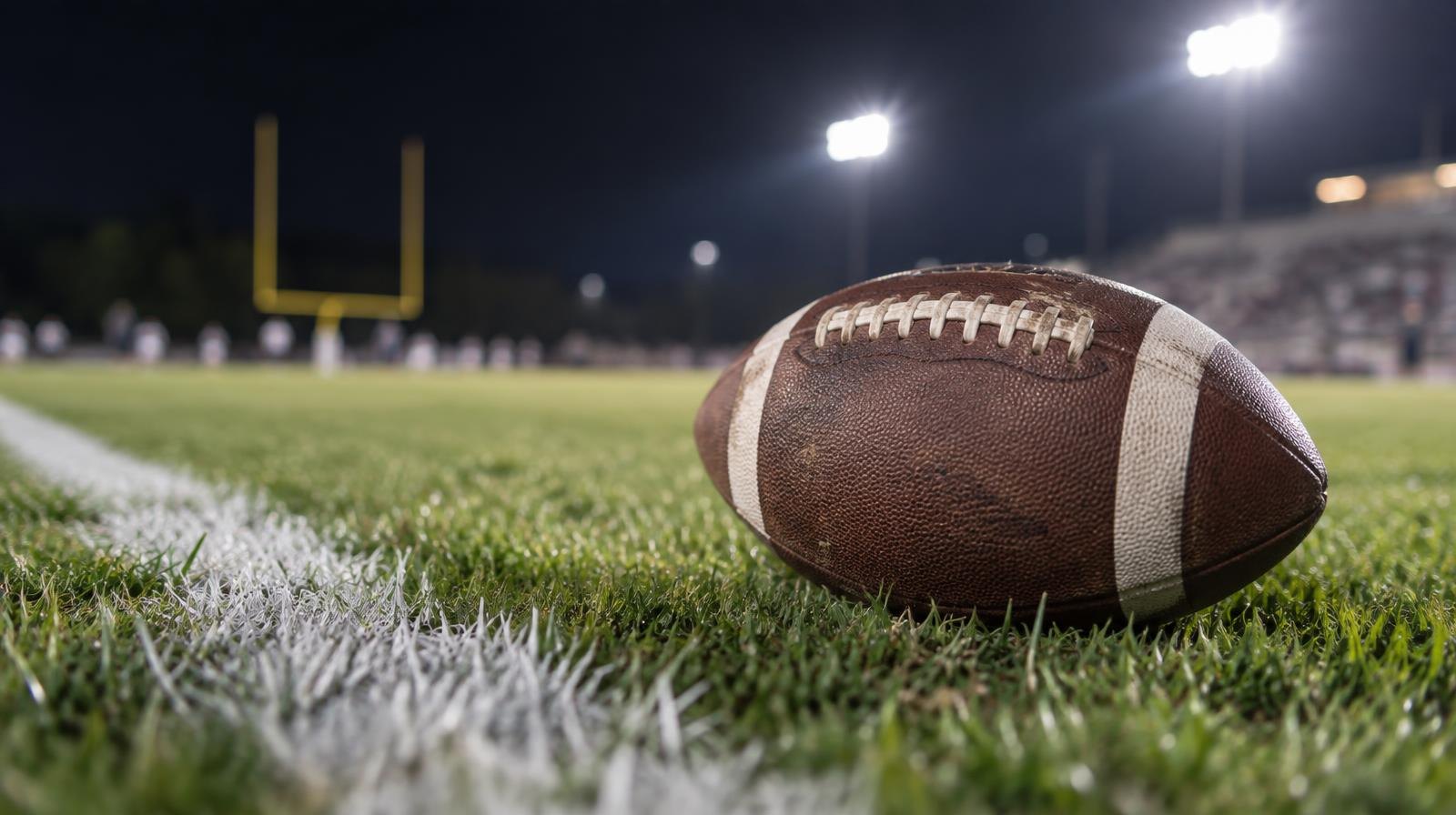 An American football resting on green grass near a white yard line under bright stadium lights.