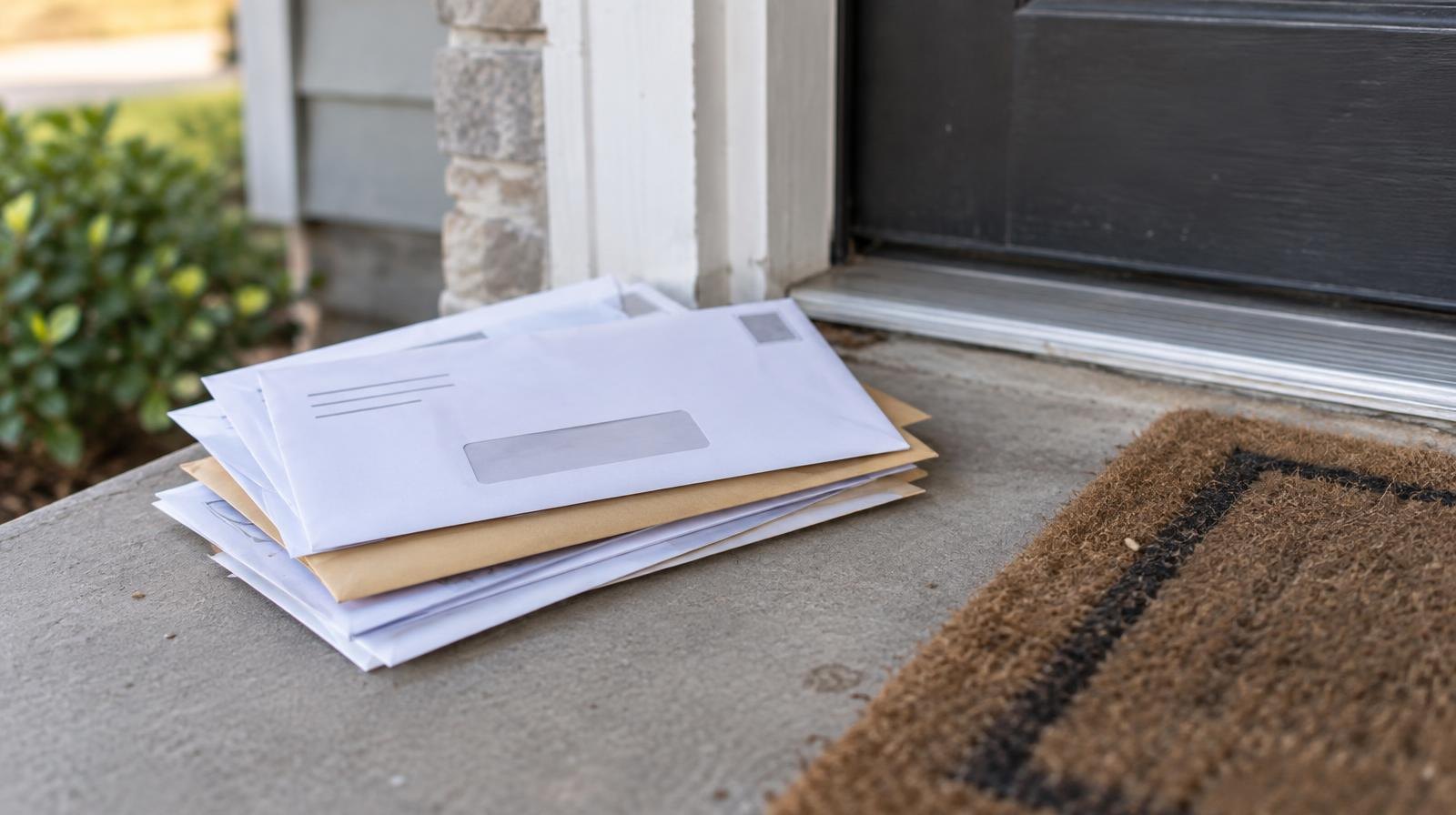 Stack of business mail envelopes resting on a residential doorstep.