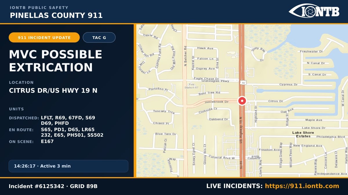 911 dispatch screen showing MVC extrication call at Citrus Drive and US-19 with units listed.