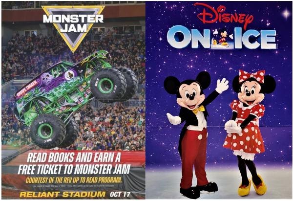 Promotional graphic split between Monster Jam monster truck and Disney on Ice characters.