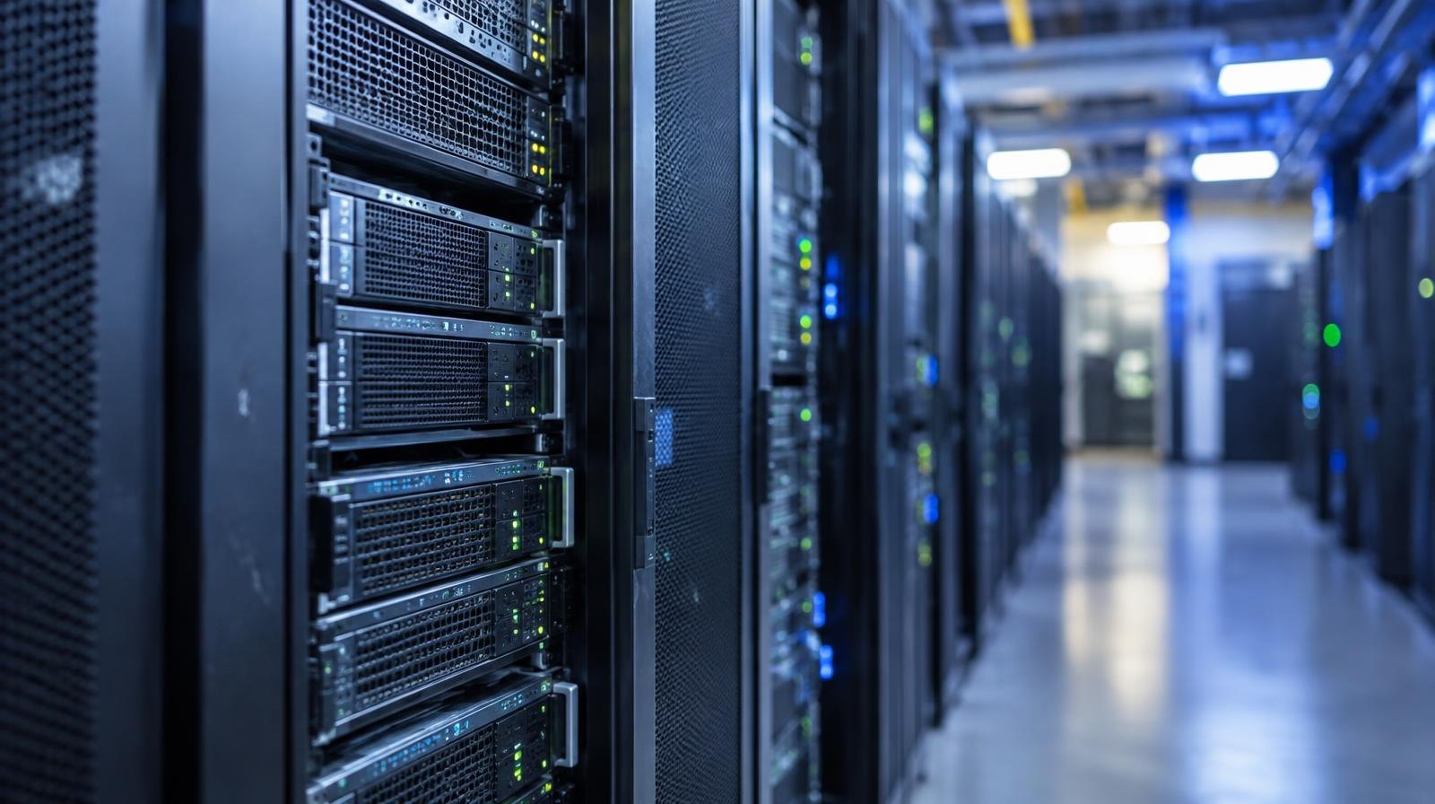 Rows of black server racks with blinking indicator lights in a data center aisle.