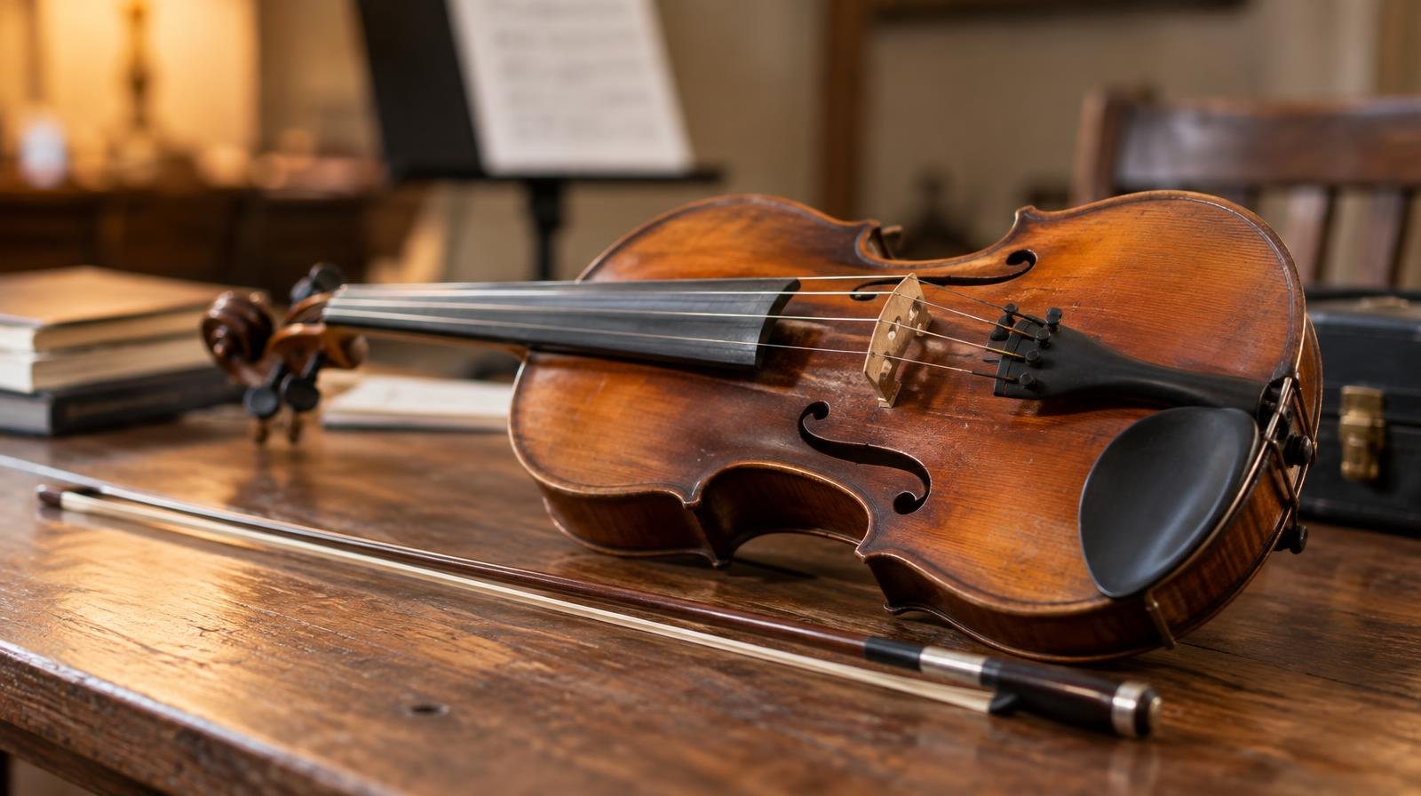 A violin resting on a wooden surface beside a conductor's baton in warm light.