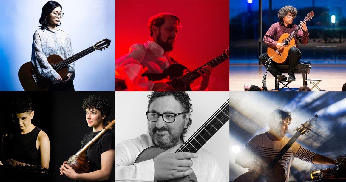 Collage of six guitarists performing or posing with guitars against varied colorful backgrounds.