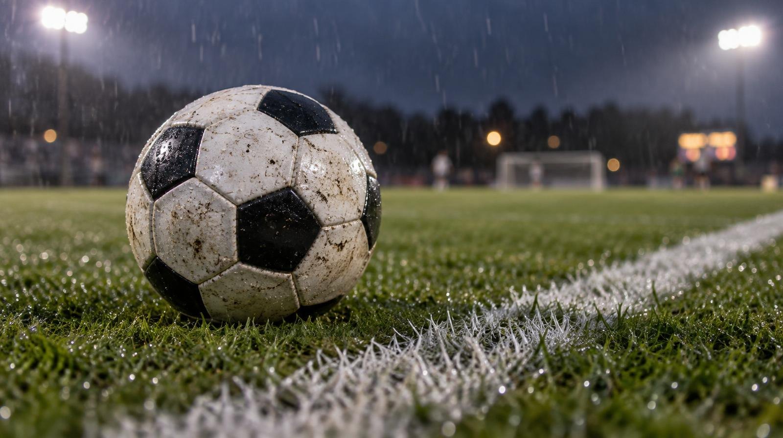 A soccer ball resting on rain-soaked grass beside a white painted sideline.
