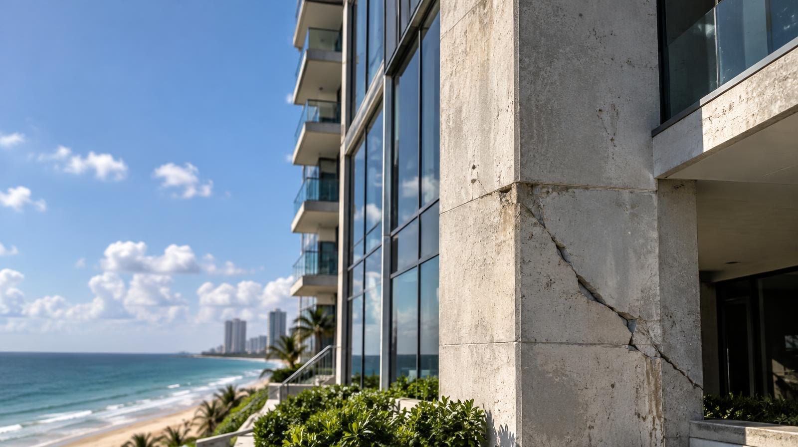 Tall glass high-rise tower on a sandy shoreline with a crack along its lower facade.