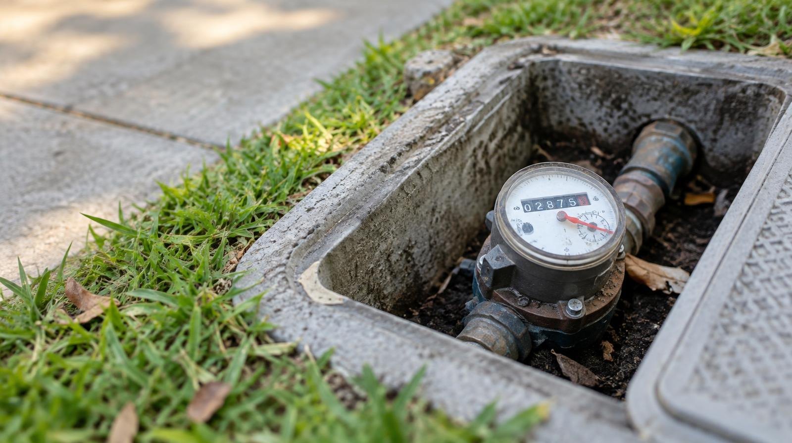 A residential water meter with a dial gauge sits in a concrete box at ground level.