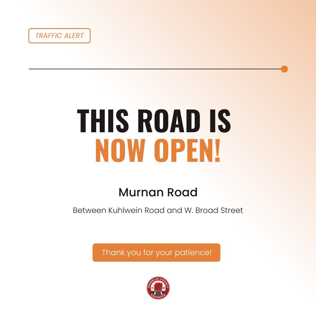Traffic alert graphic reading 'This Road Is Now Open!' for Murnan Road.
