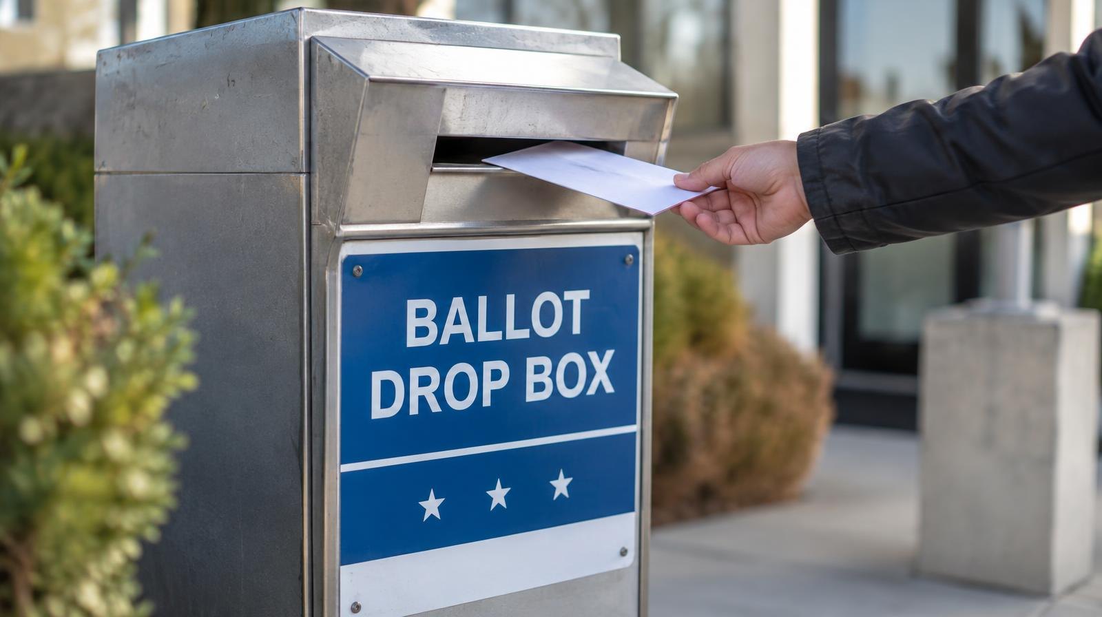 An official metal ballot drop box with a secure slot, mounted outdoors.