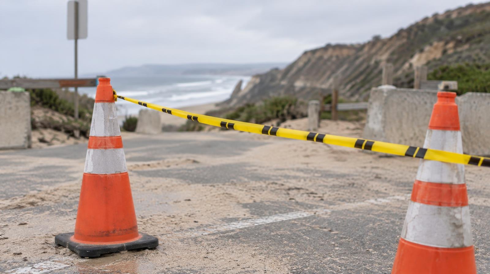 Orange traffic cones and yellow caution tape blocking a sandy beach parking lot entrance.