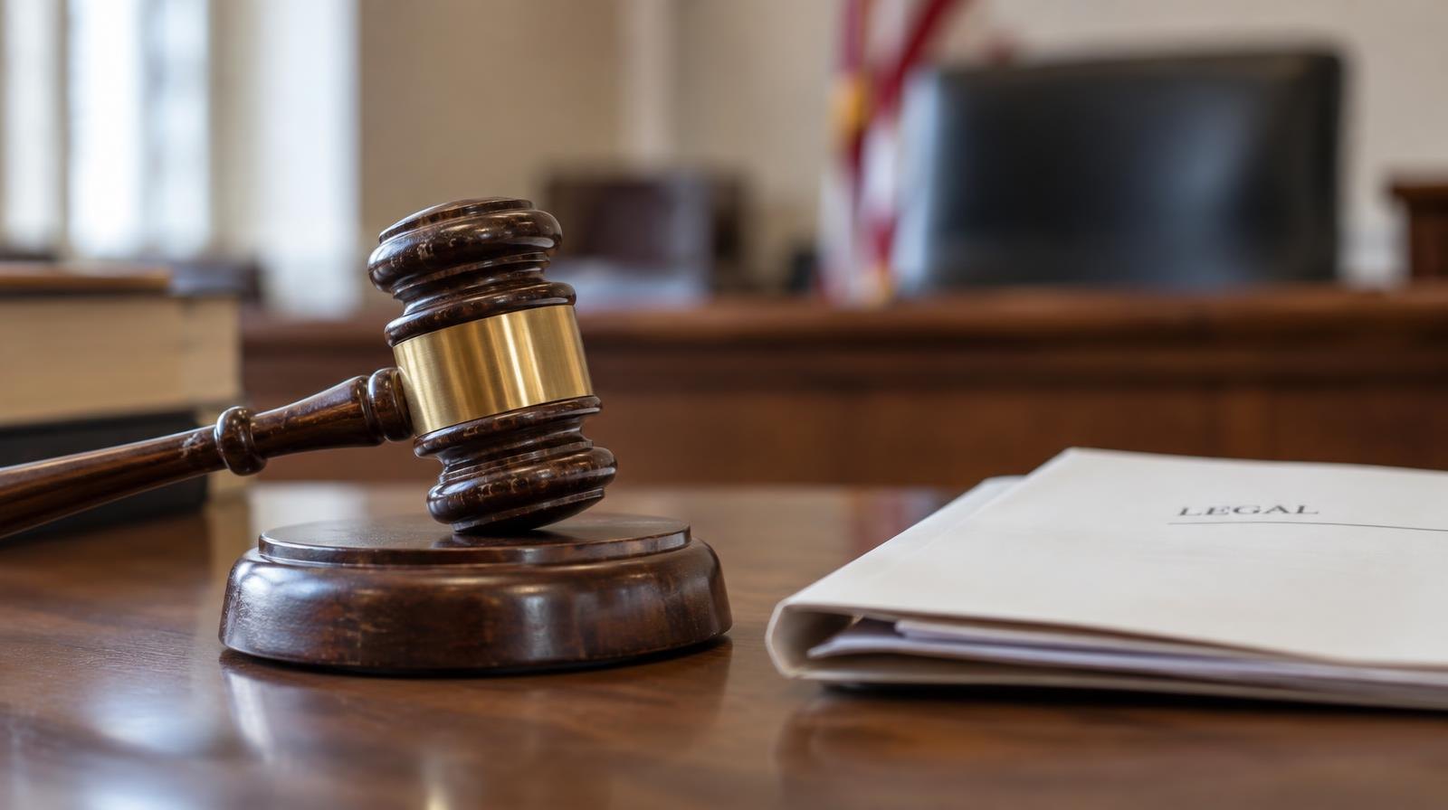 Wooden gavel resting on its sound block next to a folded legal document on a desk.