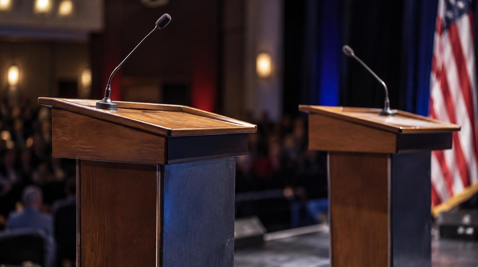 Two empty podiums with microphones on a stage under bright lights.