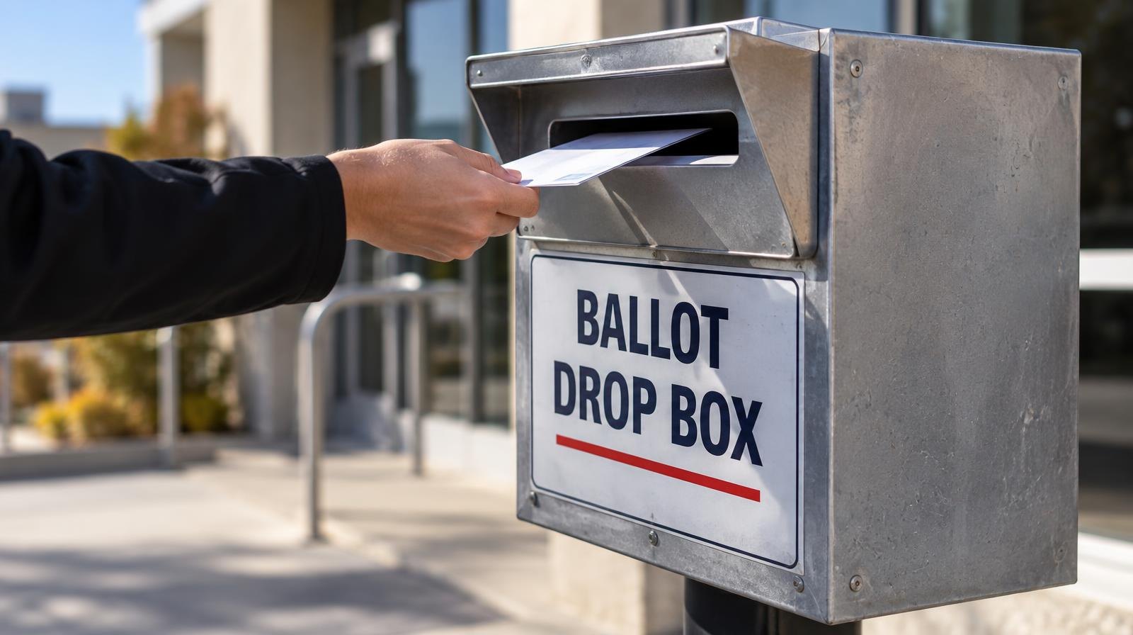 A metal ballot drop box mounted on a post outdoors under a clear sky.
