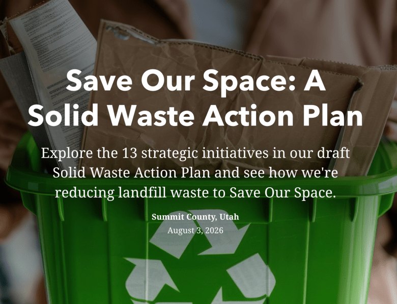 Promotional graphic showing a green recycling bin filled with cardboard boxes and bold text reading 'Save Our Space: A Solid Waste Action Plan.'