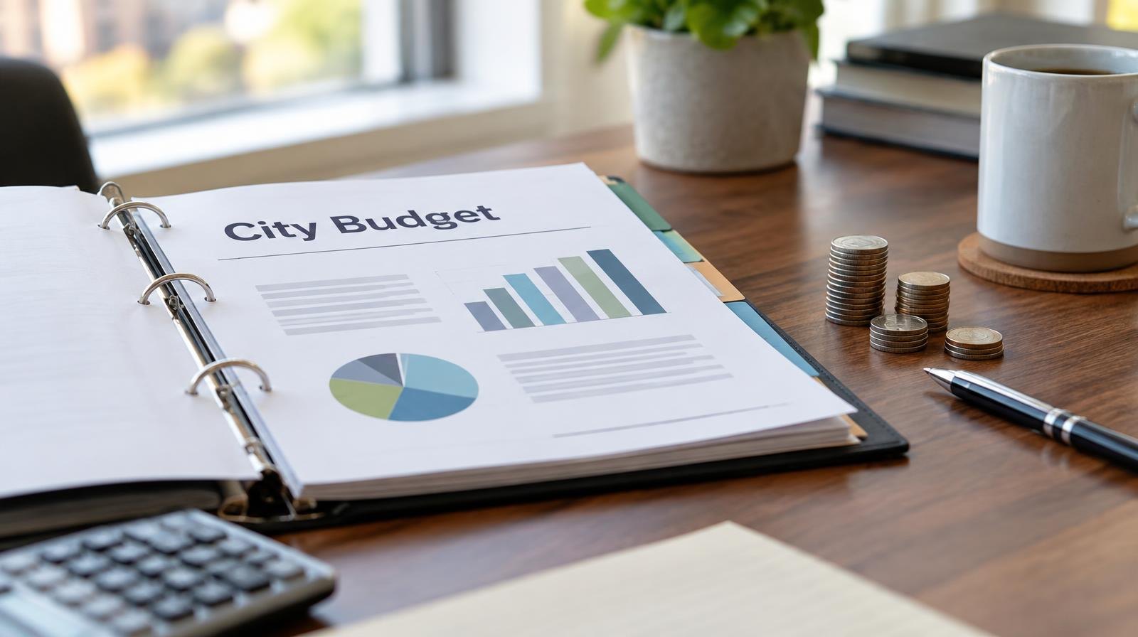 Open budget folder on a desk with a pen and stacked coins nearby.