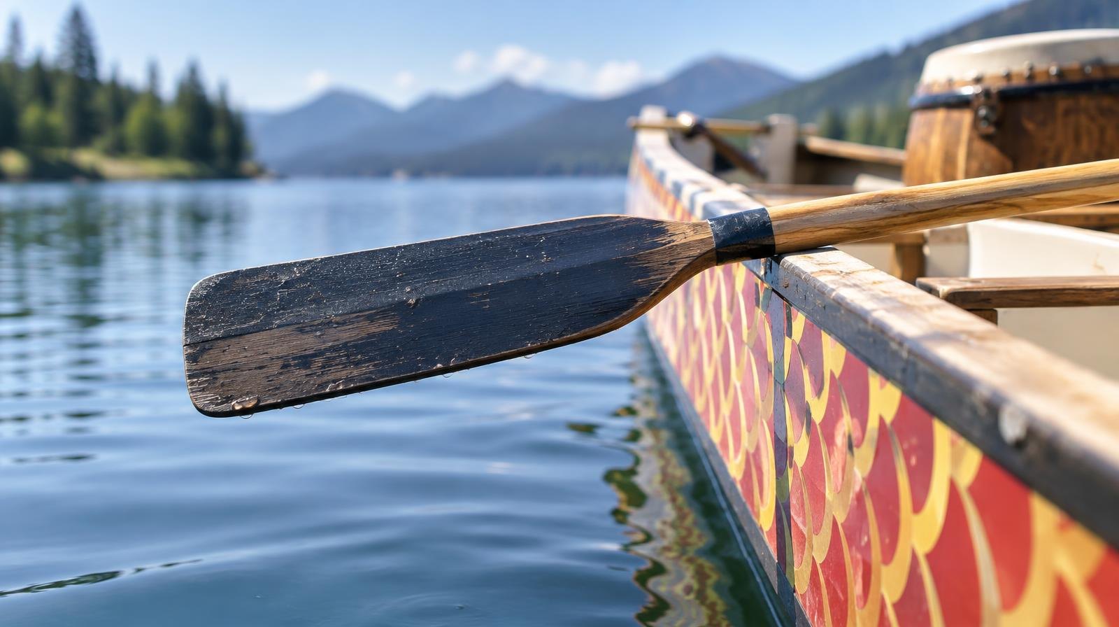 A dragon boat paddle resting on the gunwale of a colorful boat over still water.
