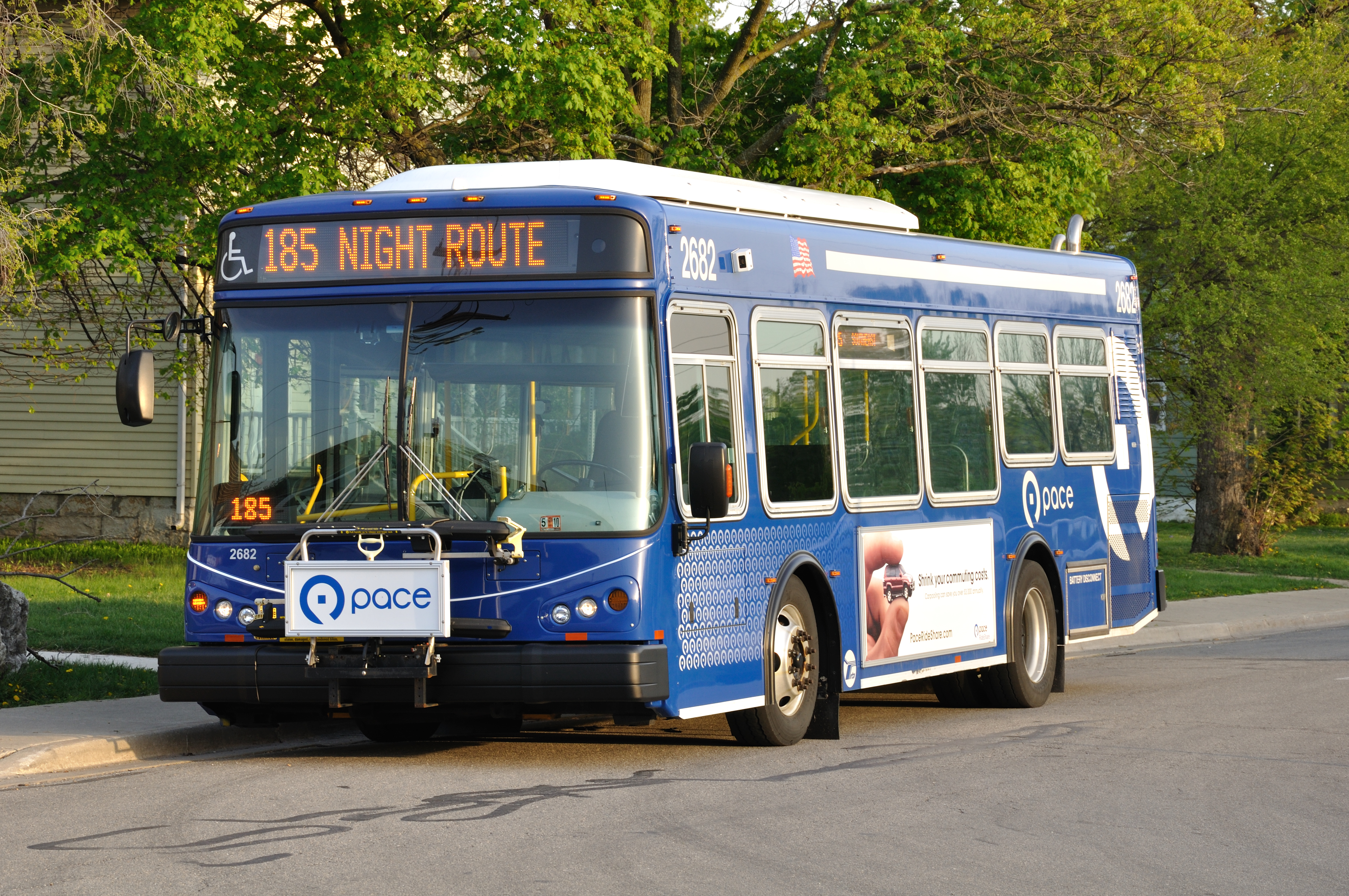 Blue and white Pace bus parked on a tree-lined suburban street