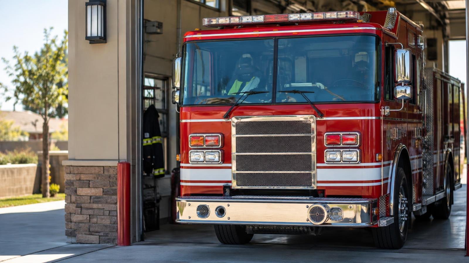 A red fire engine parked inside an open fire station bay viewed from outside.