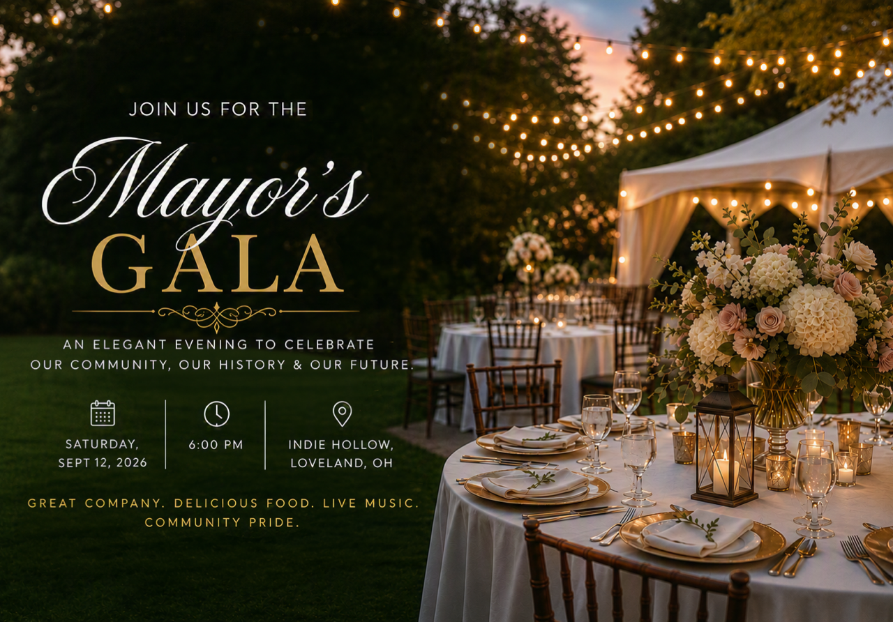 Event flyer showing an elegantly set outdoor dining table with floral centerpieces and string lights.