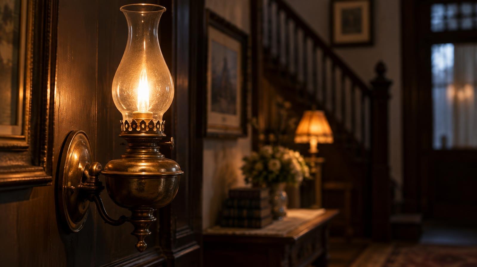 Brass gas lamp wall sconce casting warm amber light in a dark Victorian interior.