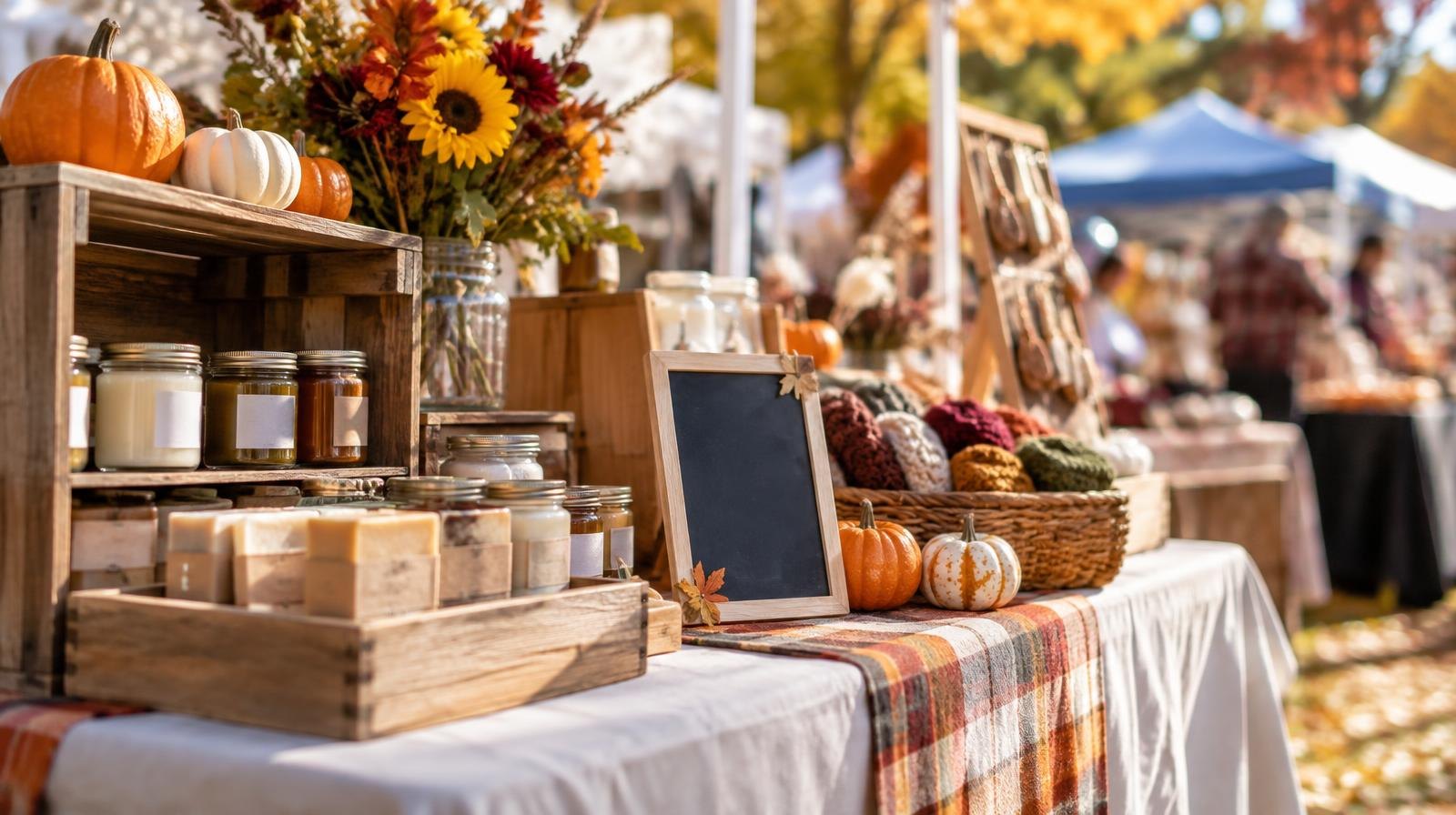 Colorful vendor booth with handmade crafts on a table at an outdoor fall festival.