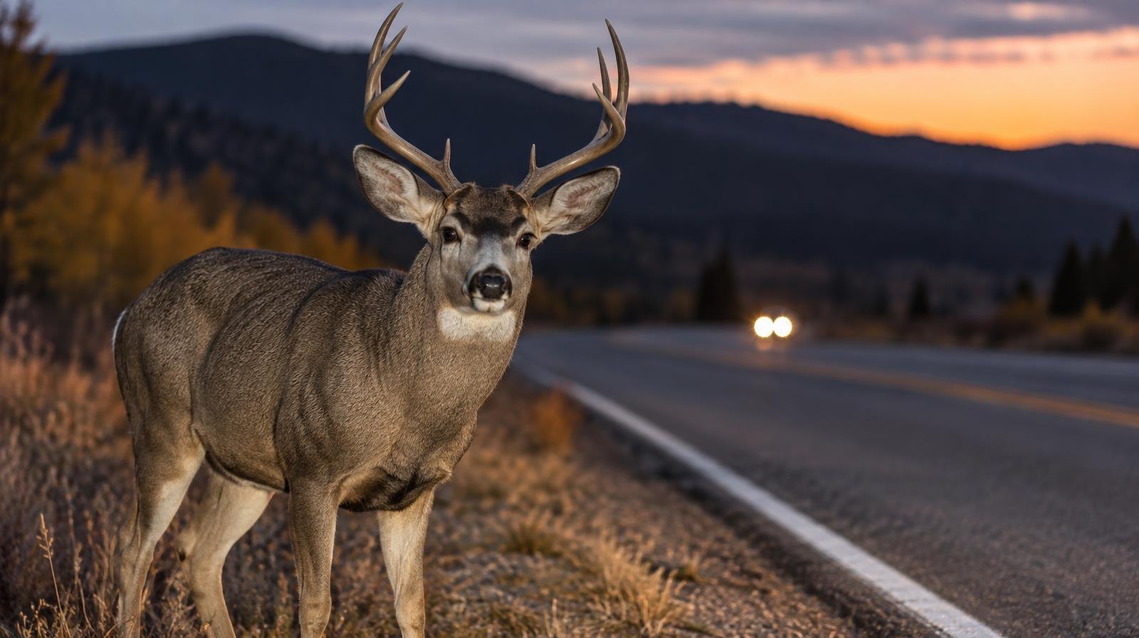 A deer standing at the edge of a two-lane road at dusk in dim light.