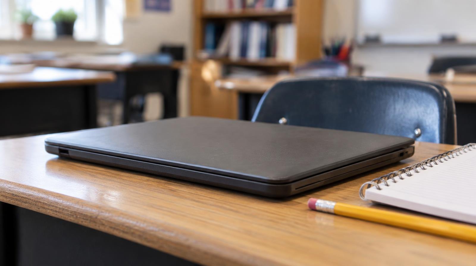 A closed laptop computer on a wooden school desk next to a pencil and notebook.