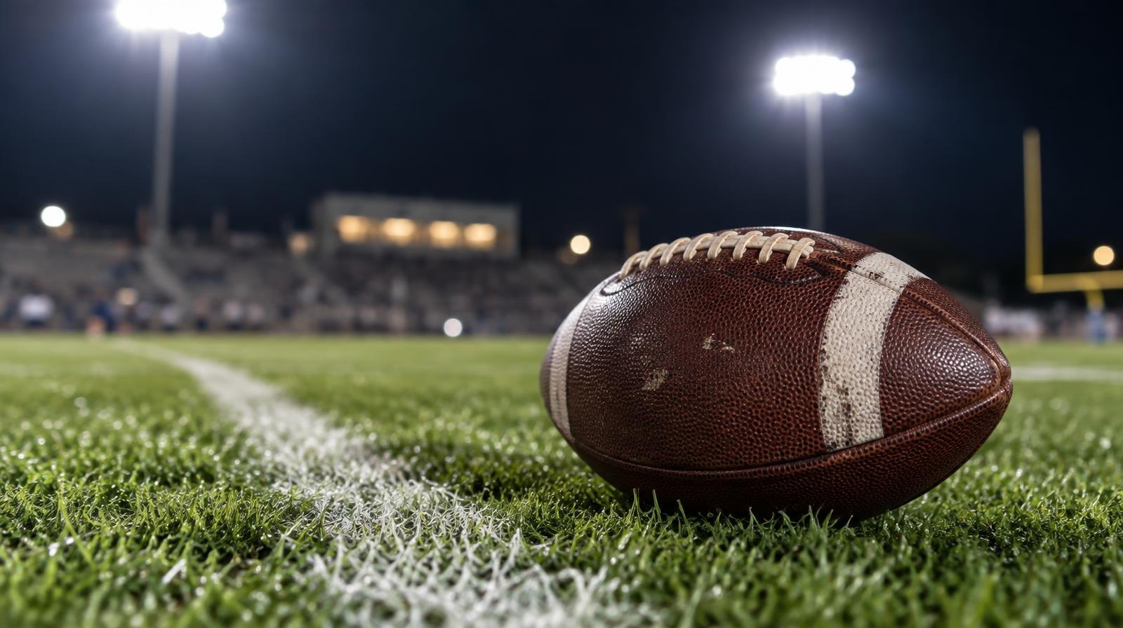 An American football on green grass beside a white yard line under stadium lights.