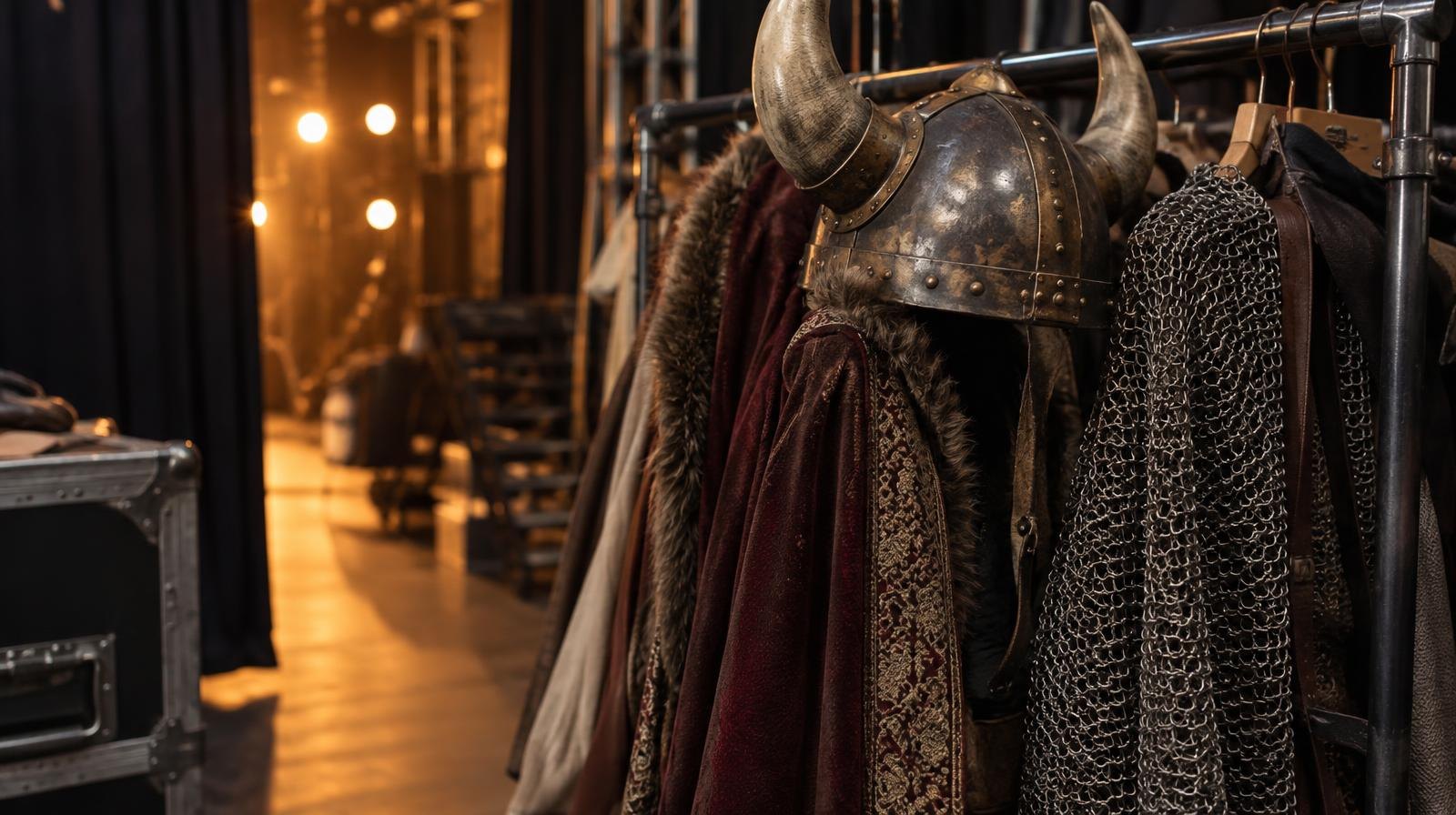 Viking-style opera costume with horned helmet and chain mail on a backstage costume rack.
