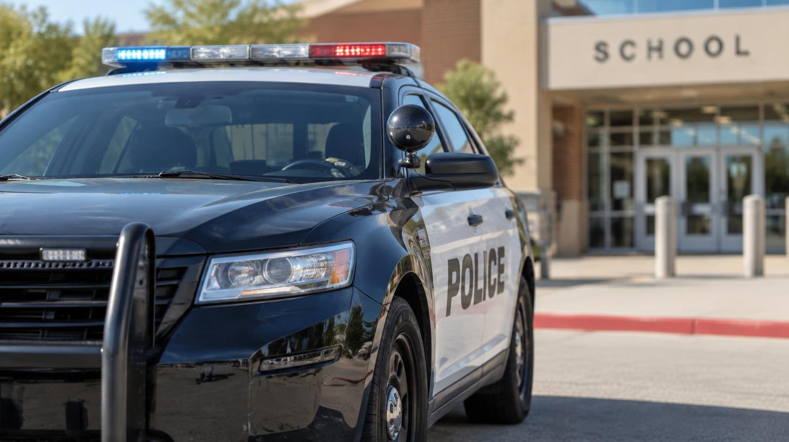 Police patrol car with light bar parked outside a school building entrance.