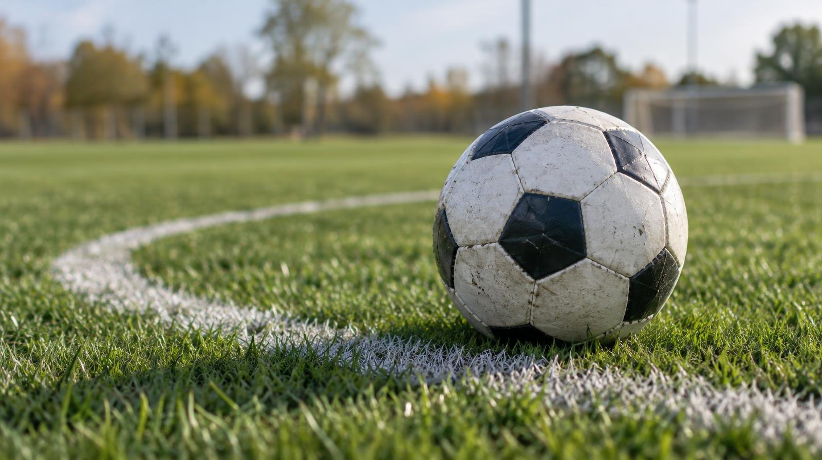 A black-and-white soccer ball resting on a green grass field.