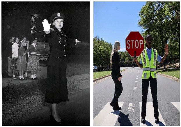 Split image showing a vintage black-and-white crossing guard and a modern guard holding a stop sign.