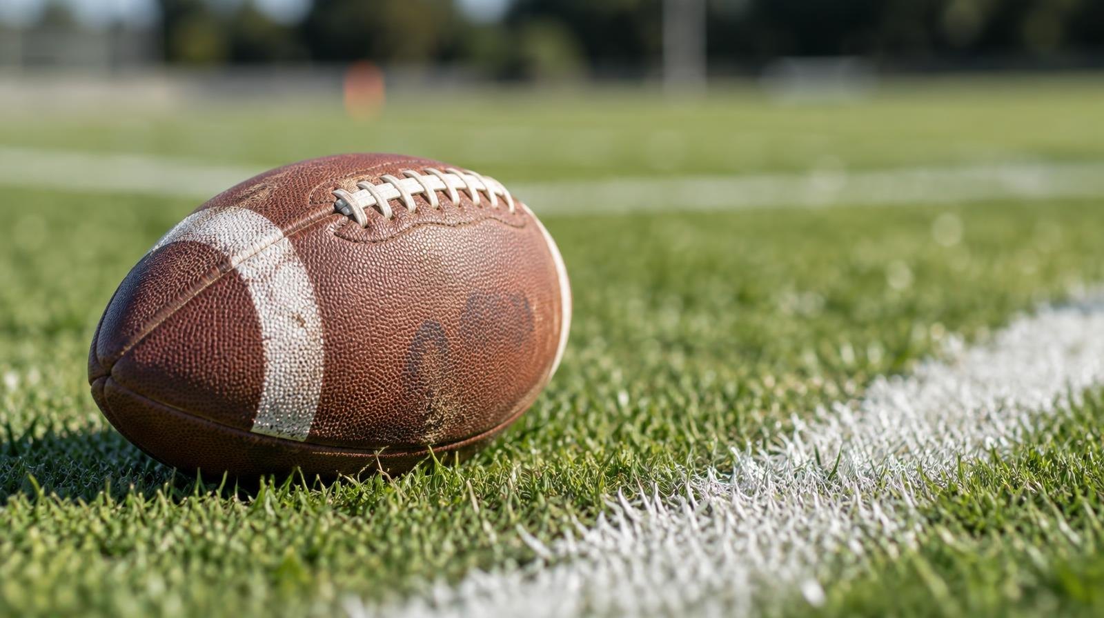 An American football resting on green grass beside a white painted yard line.