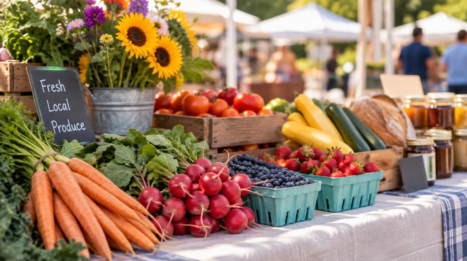 Colorful outdoor market booth with fresh produce and goods under a white canopy tent.