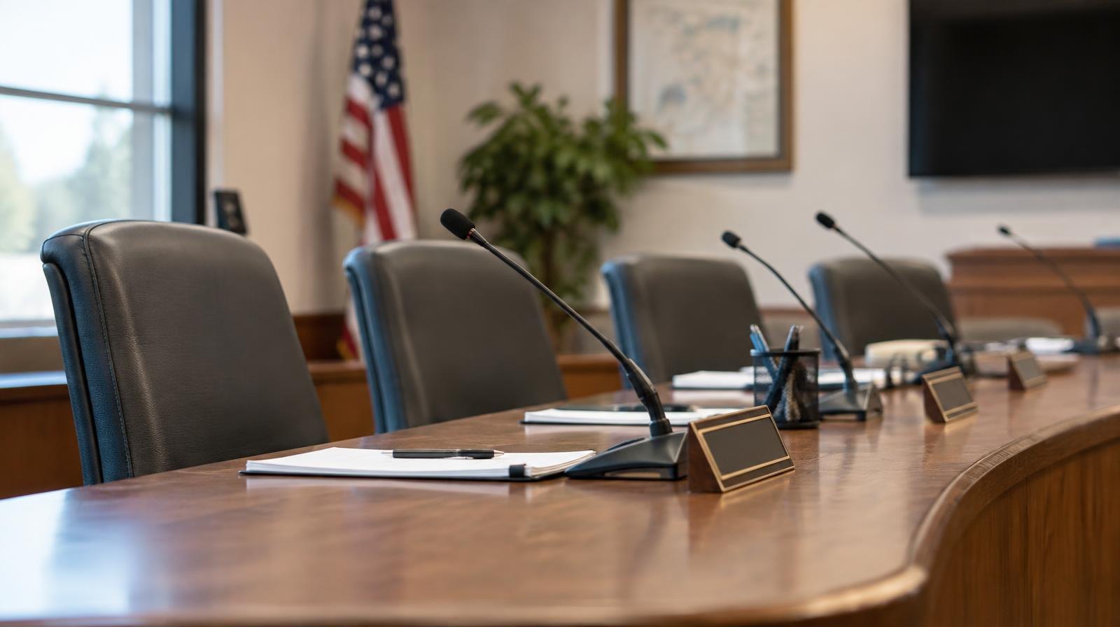 Empty conference table with name placards and microphones in a meeting room.