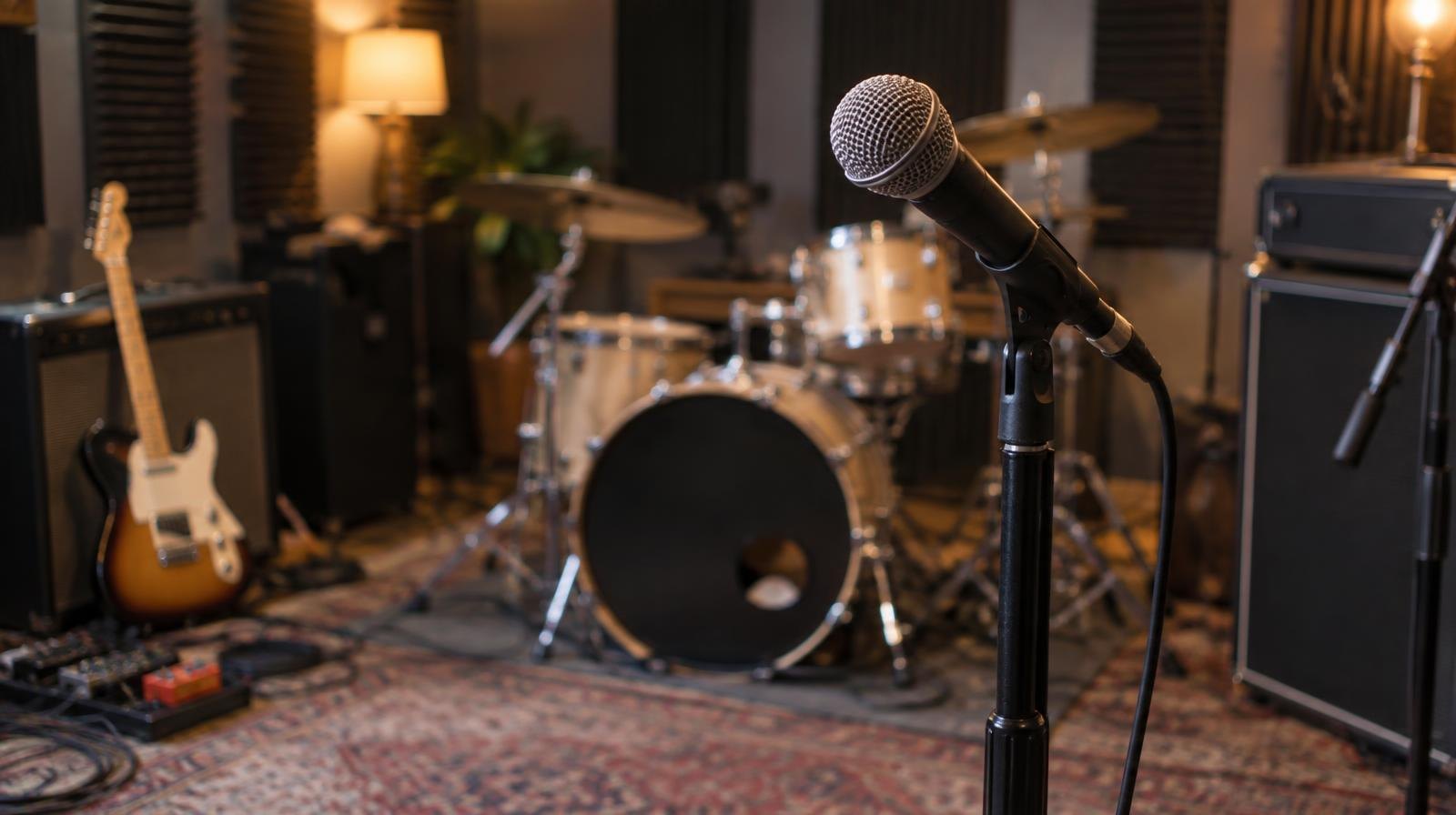 A rehearsal room with a drum kit, amplifiers, and microphone stands under warm studio lighting.