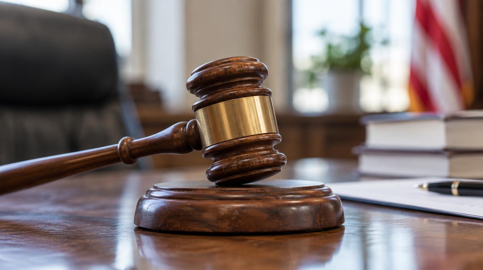 A wooden gavel resting on its sound block on a polished conference table.