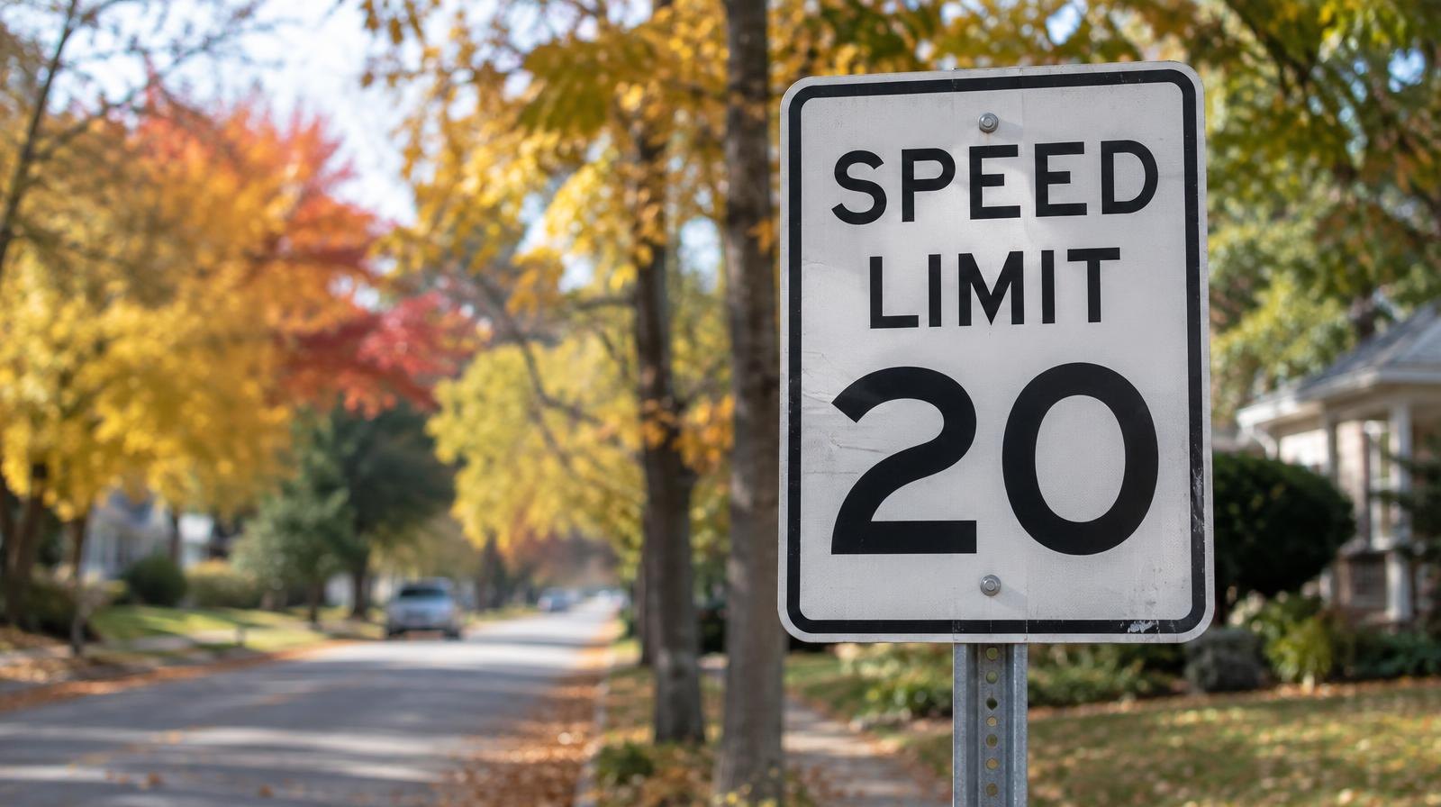 A white 20 mph speed limit sign on a metal post along a tree-lined suburban street.