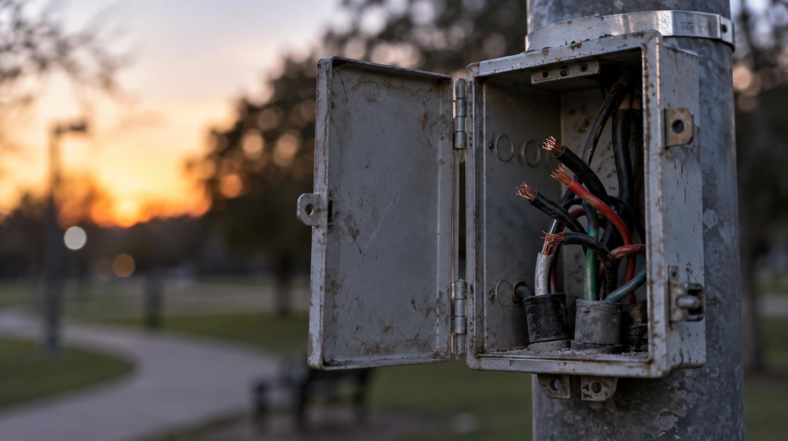 Pried-open metal junction box with cut copper wires visible inside.