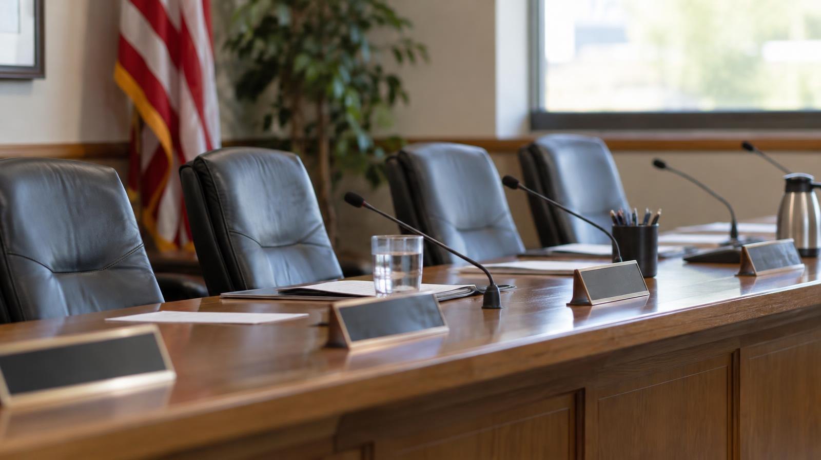 Empty chairs behind a long conference table with name placards in a meeting room.