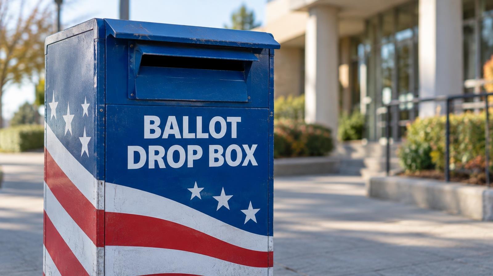 A red, white, and blue ballot drop box on a sidewalk outside a building.