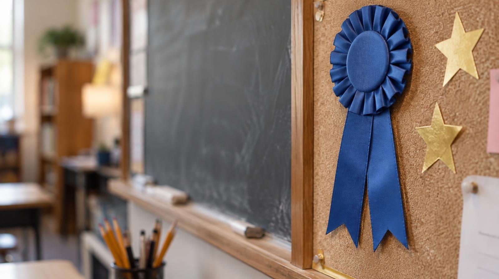 A blue ribbon award pinned to a school bulletin board beside gold star stickers.