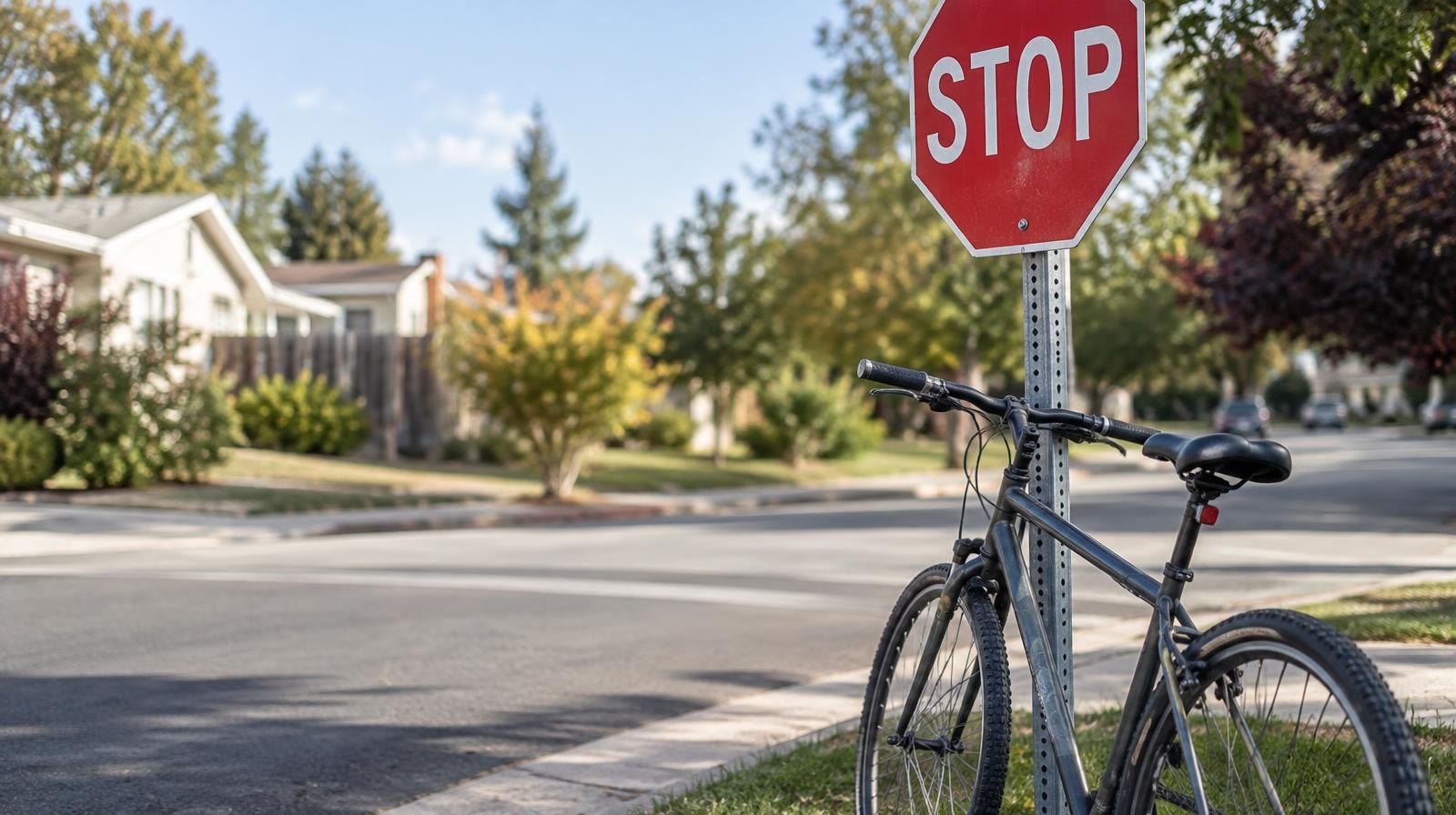 A bicycle leaning against a red stop sign pole at a sunny intersection.