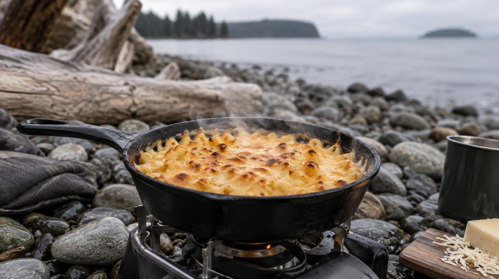 Cast iron skillet with bubbling mac and cheese on rocky beach beside a camp stove.