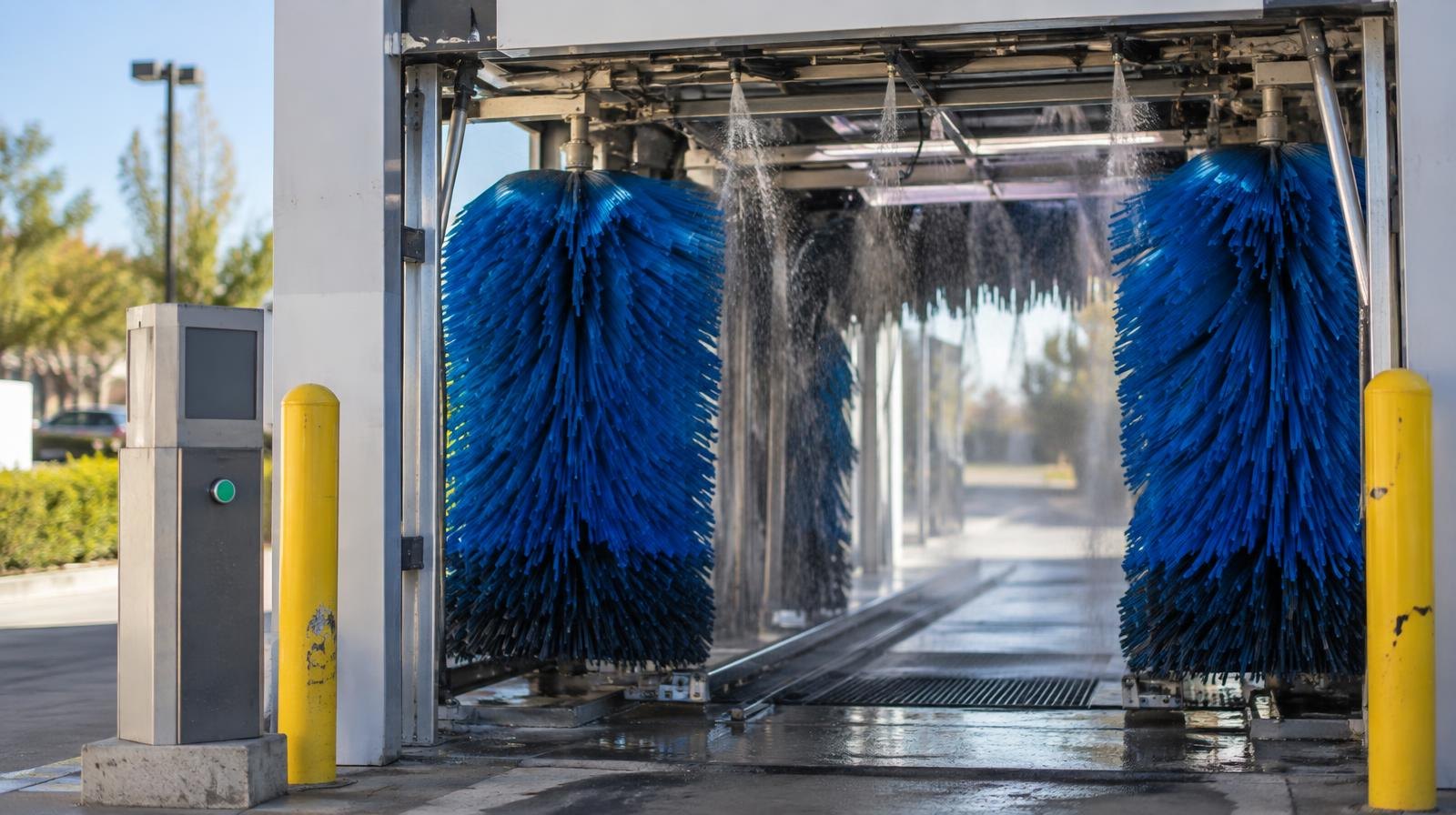 Entrance to a commercial car wash tunnel with foam brushes and spray nozzles.