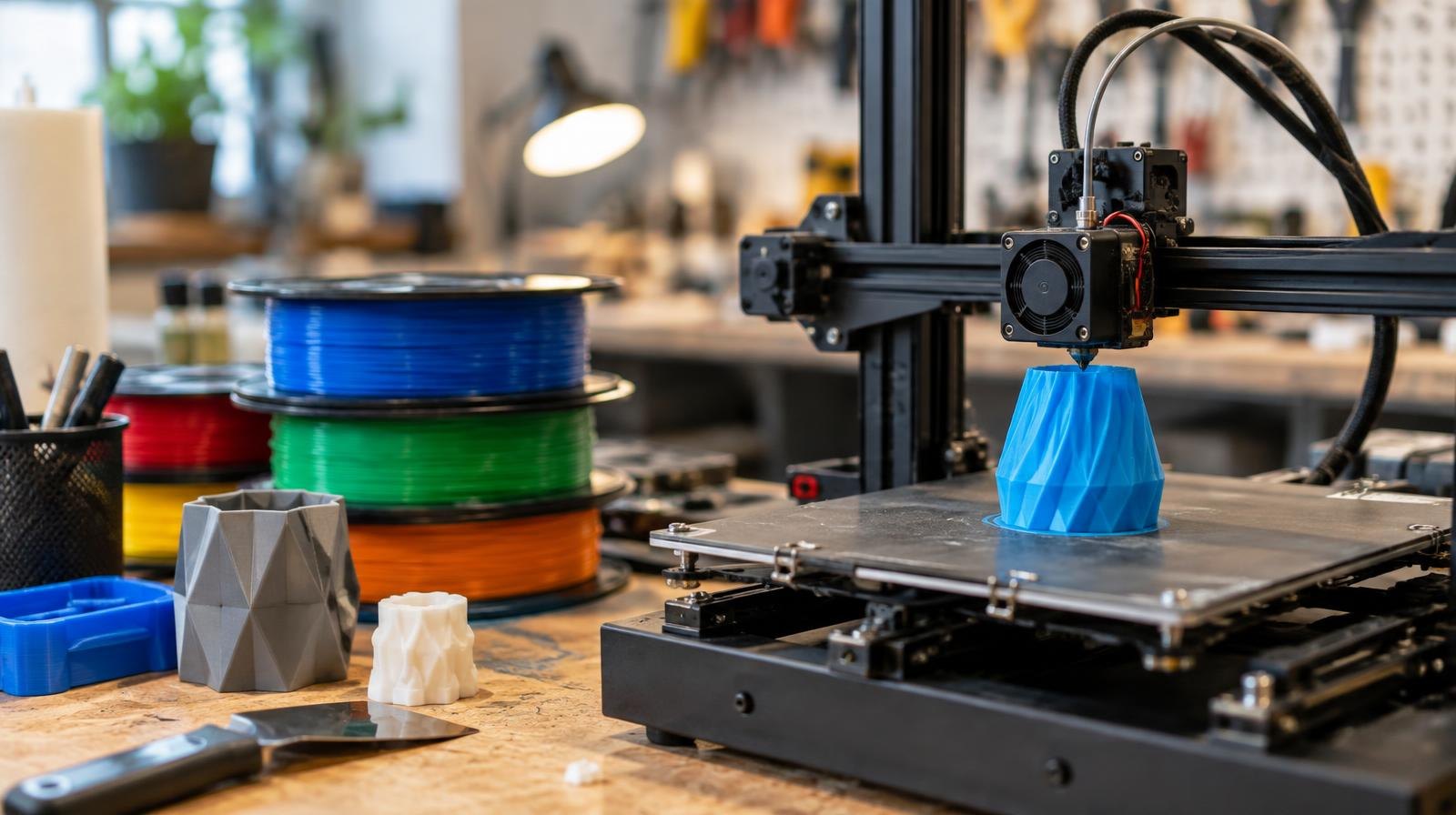A 3D printer on a workbench next to colorful spools of filament.