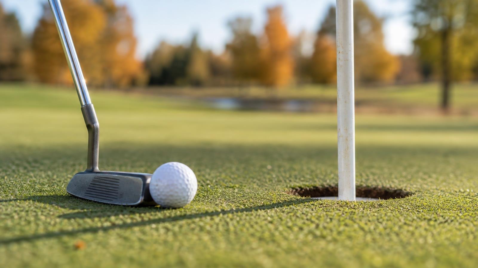 A golf club and ball rest on a closely mown putting green beside a flagstick.