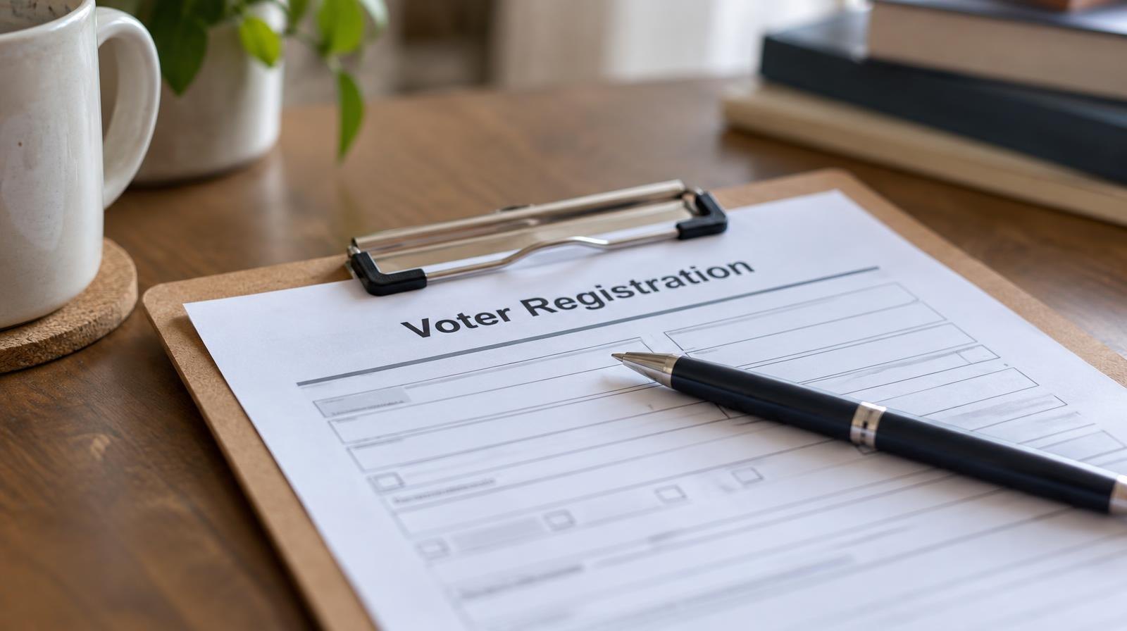 A voter registration form on a clipboard with a pen resting on top.